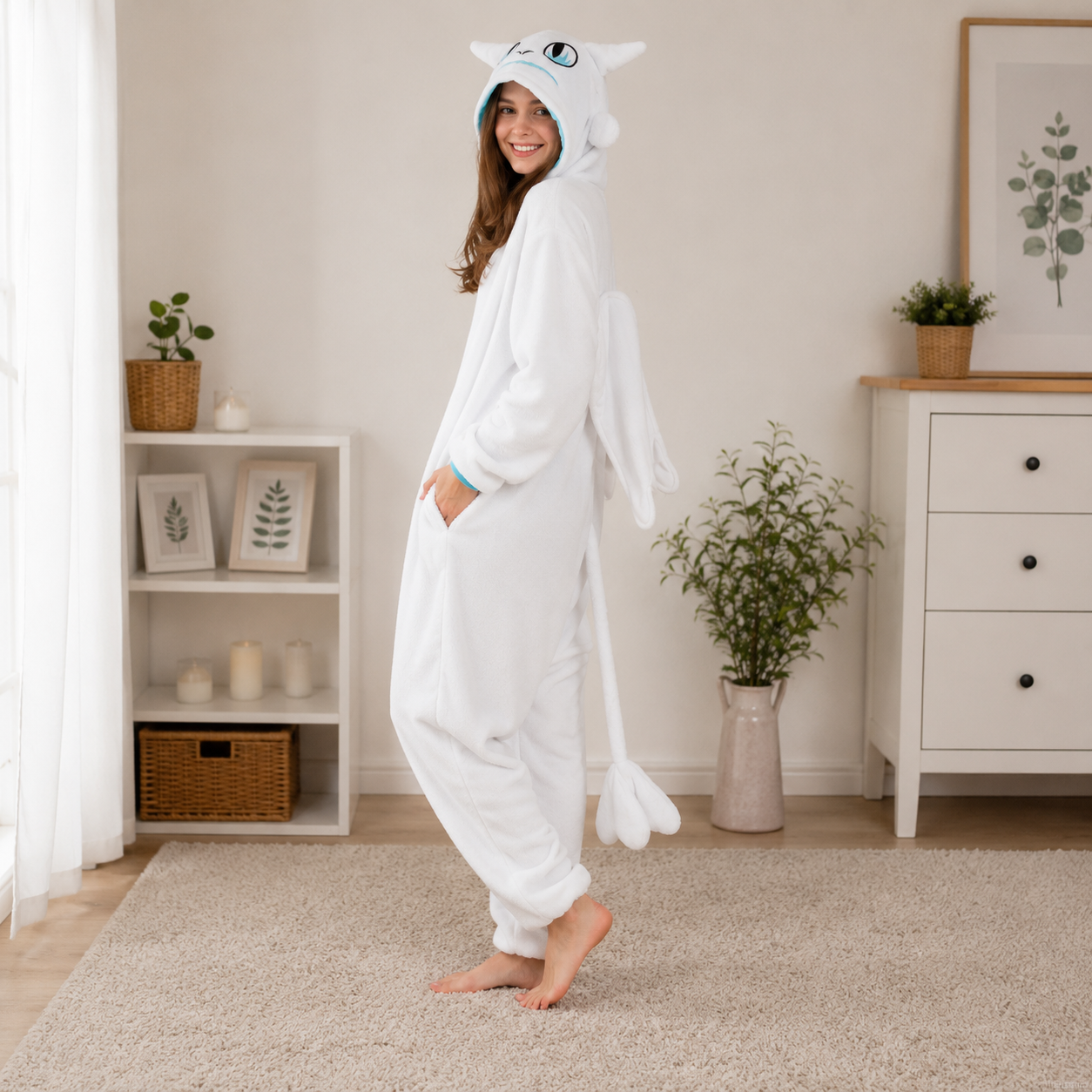 PIŻAMA SMOK BIAŁA FURIA SZCZERBATEK ONESIE DRES KIGURUMI - obrazek 3